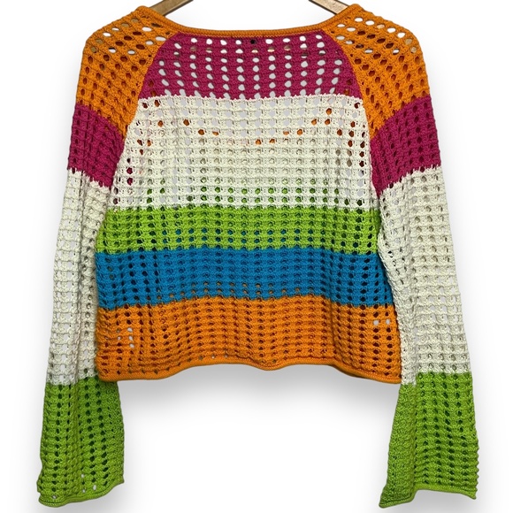 Wild Fable Women's Multi Color Striped Crochet Cropped Sweater Sz S Square‎ Neck - Picture 6 of 6
